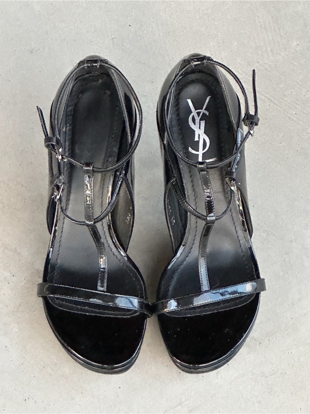 YSL Yves Saint Laurent Tom Ford Era Black Patent T Strap Platform Heels 38.5 - Picture 3 of 11